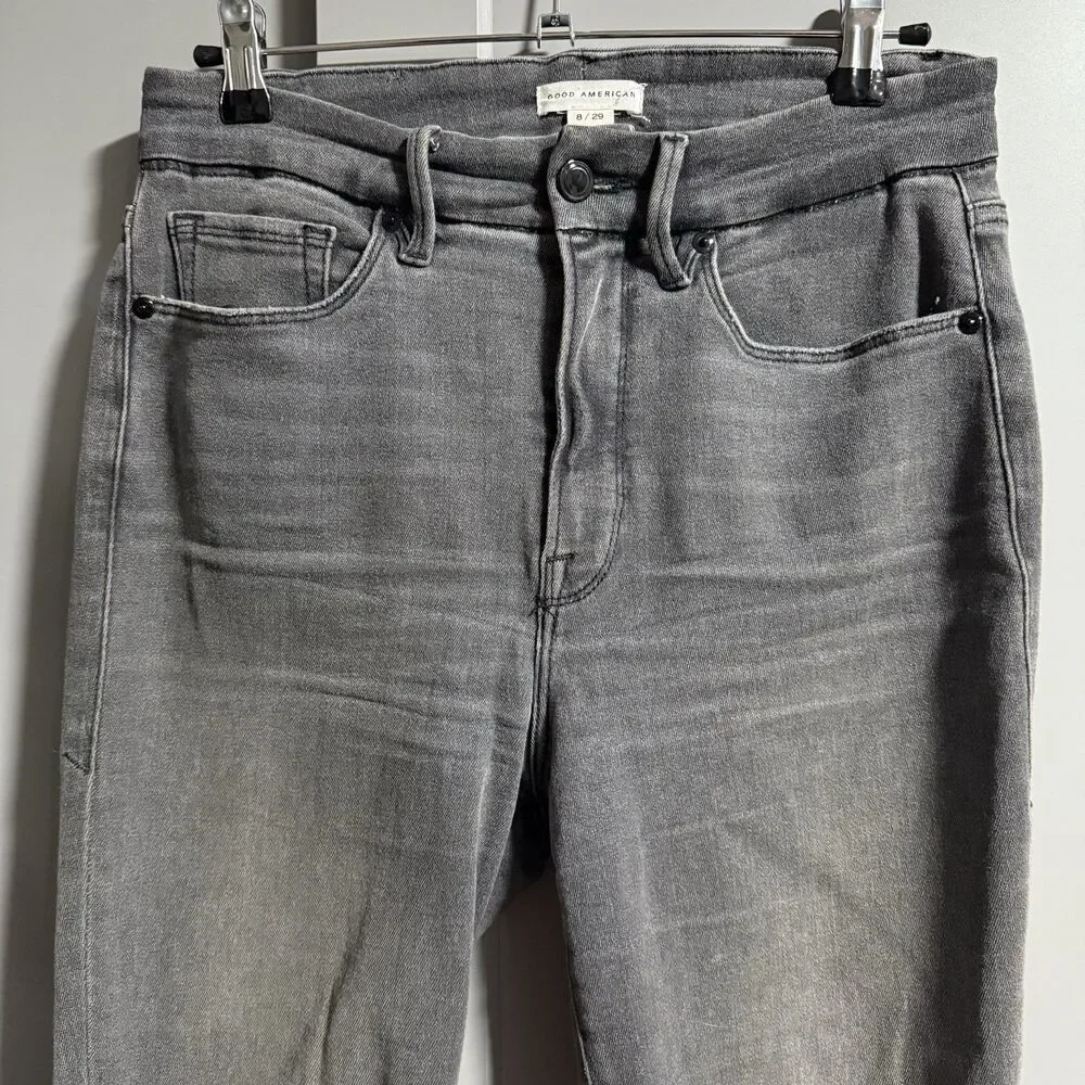 Good American Good Waist Crop Raw Hem Denim Skinny Jeans Black 8/29 GWCRH419T - Picture 2 of 9